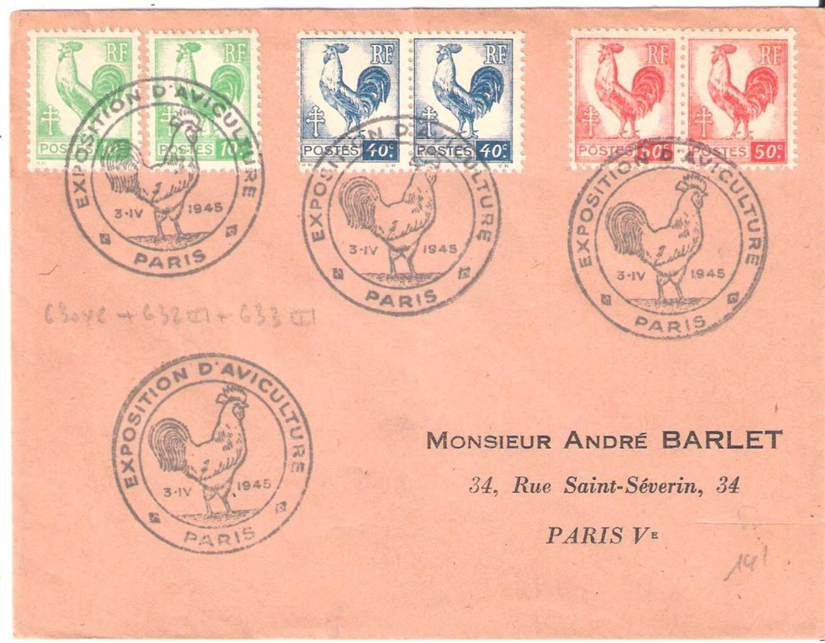 PARIS  EXPOSITION D'AVICULTURE 3.IV.1945 Sur Coq D'Alger ( Concordance) - Commemorative Postmarks