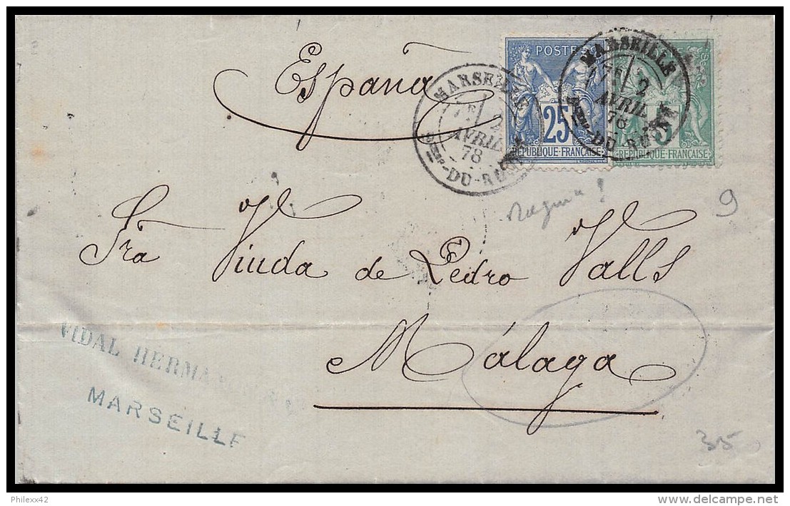 5011 Lettre Cover Bouches Du Rhone N° 75 79 SAGE Marseille Type A2 Pour Malaga Espagne (spain) 1878 - 1877-1920: Semi Modern Period