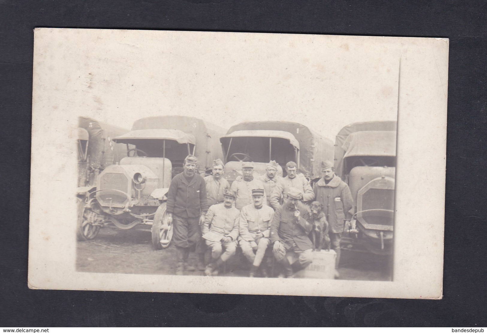 Carte Photo Guerre 14-18 Groupe De Militaires ( Regiment à Identifier ) Posant Devant Camions Camion Militaire Chien - Guerra 1914-18