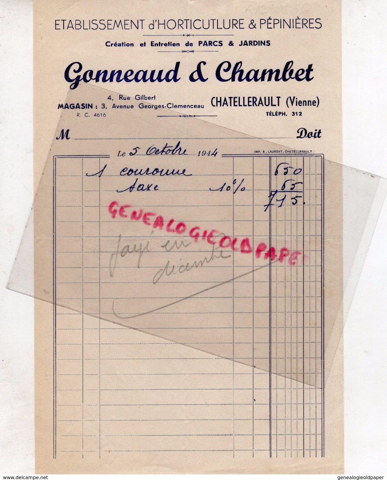 86- CHATELLERAULT- FACTURE ETS. HORTICULTURE PEPINIERES- GONNEAUD & CHAMBET- 4 RUE GILBERT- 1944 - Agriculture