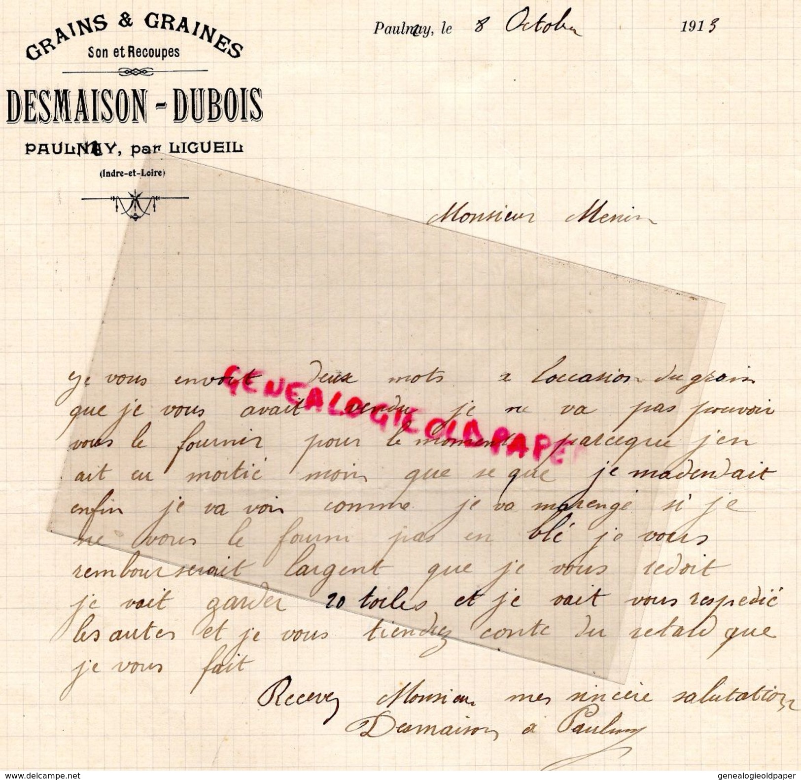 37- PAULMY PAR LIGUEUIL- RARE LETTRE MANUSCRITE SIGNEE DESMAISON DUBOIS- GRAINS GRAINES-AGRICULTURE HORTICULTURE-1913 - Landwirtschaft