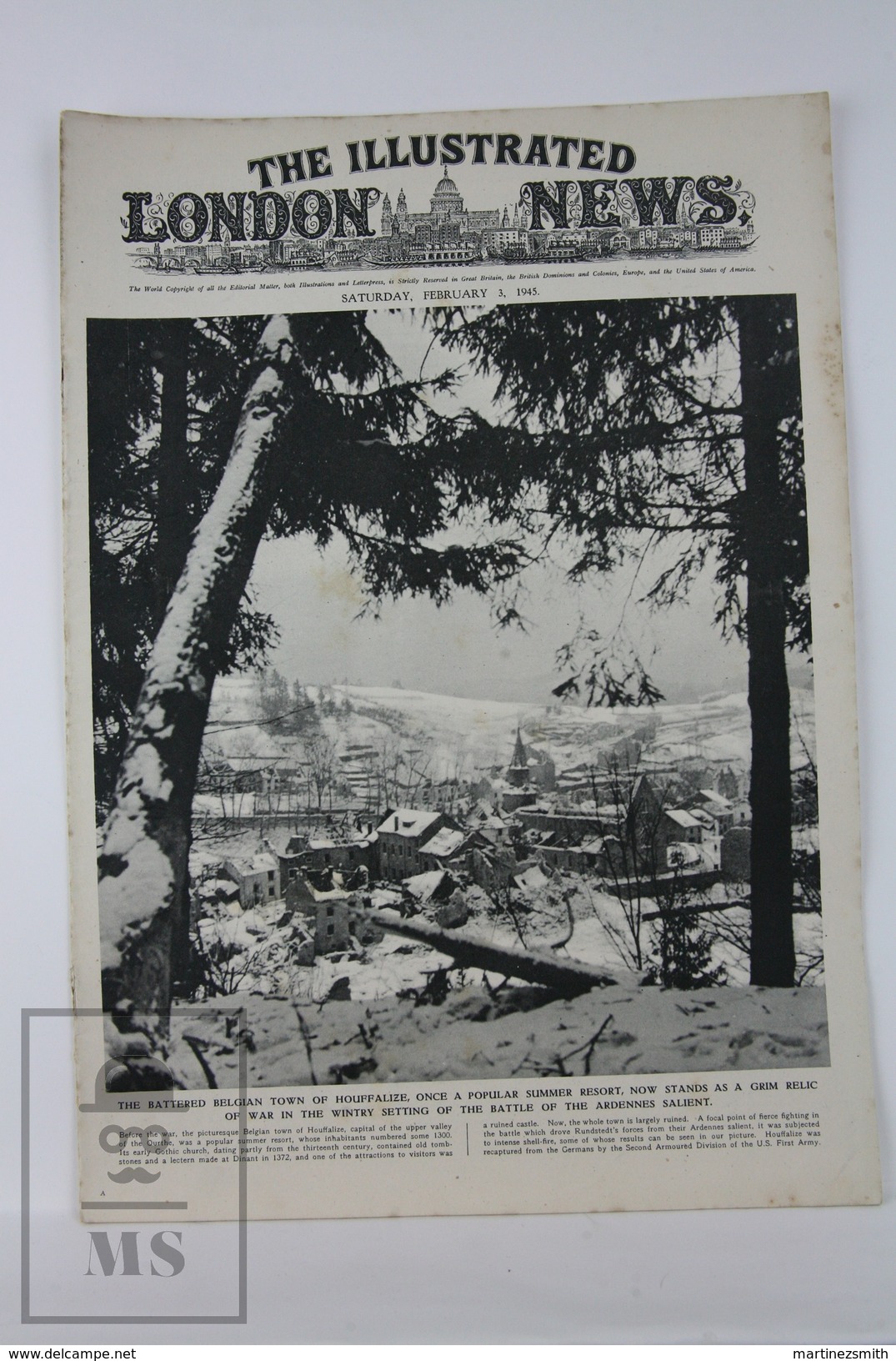 WWII The Illustrated London News, February 3, 1945 - Belgian Town Houfalize Ruins, Damaged Naples Churches - Historia