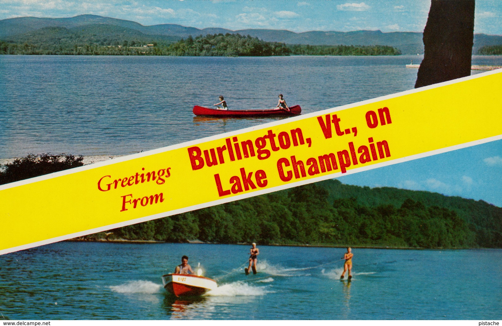 Greetings From Burlington Vermont VT On Lake Champlain - Water Ski - Canoe Canot - 2 Scans - Burlington