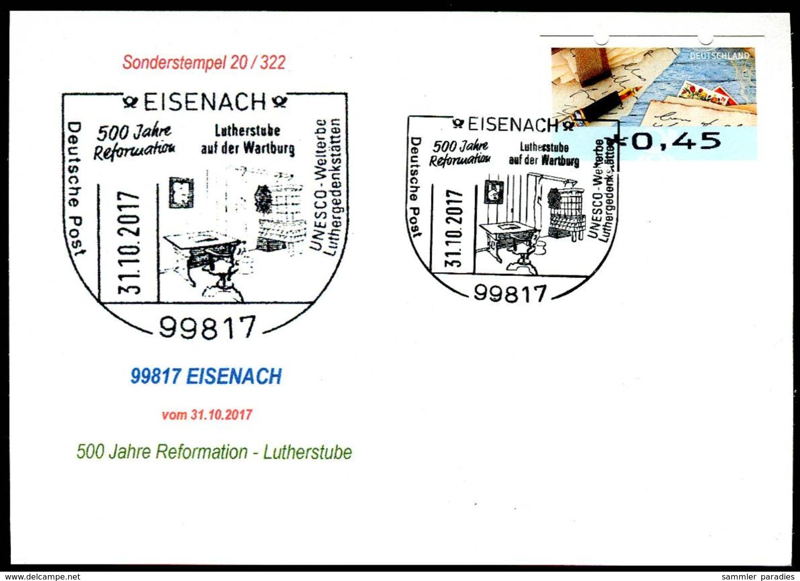 83406) BRD - Karte - SoST 99817 EISENACH Vom 31.10.2017 - 500 Jahre Reformation, Lutherstube Auf Der Warthburg - Maschinenstempel (EMA)