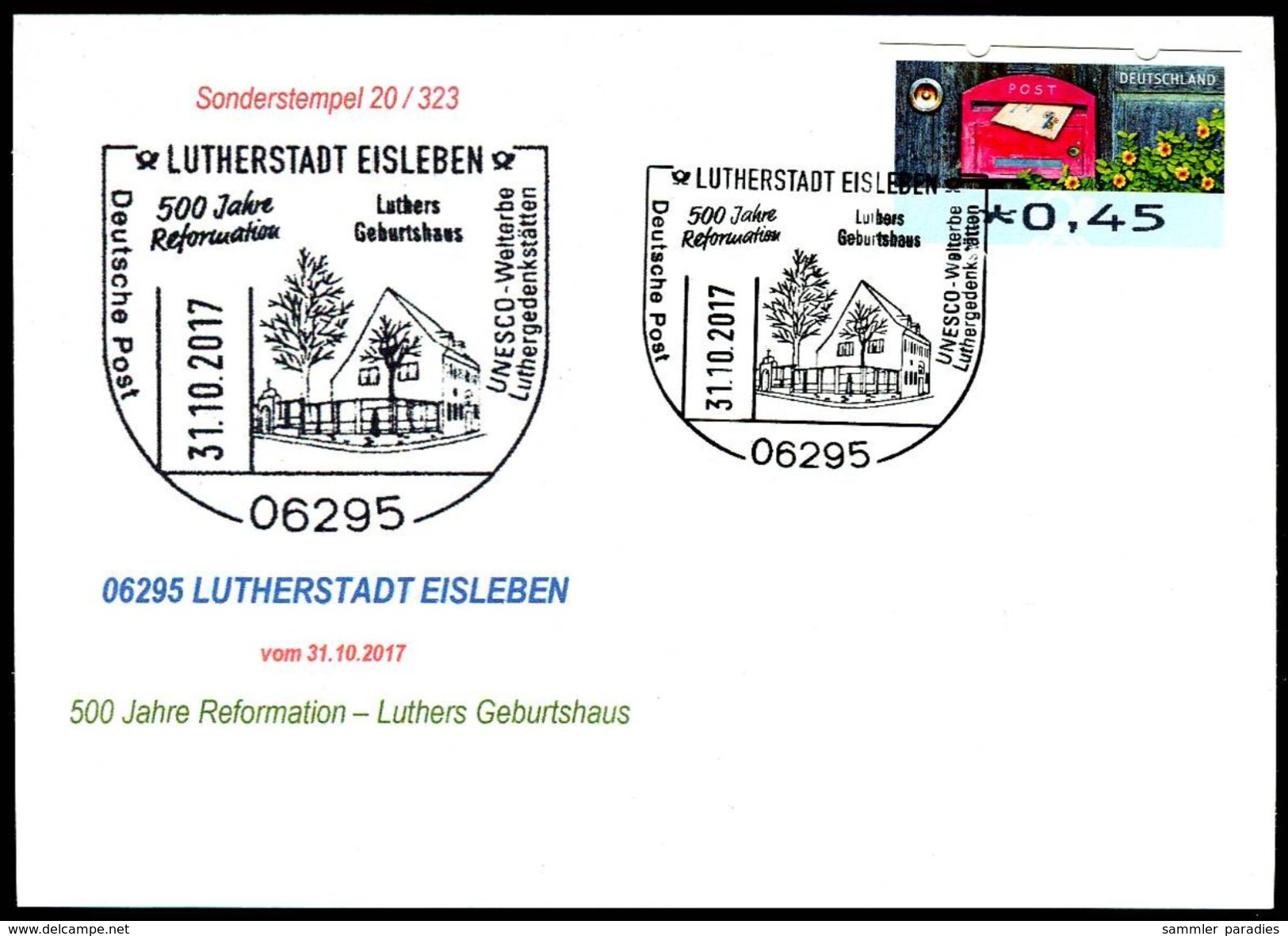 83412) BRD - Karte - SoST 06295 LUTHERSTADT EISLEBEN Vom 31.10.2017 - 500 Jahre Reformation, Luthers Geburtshaus - Maschinenstempel (EMA)