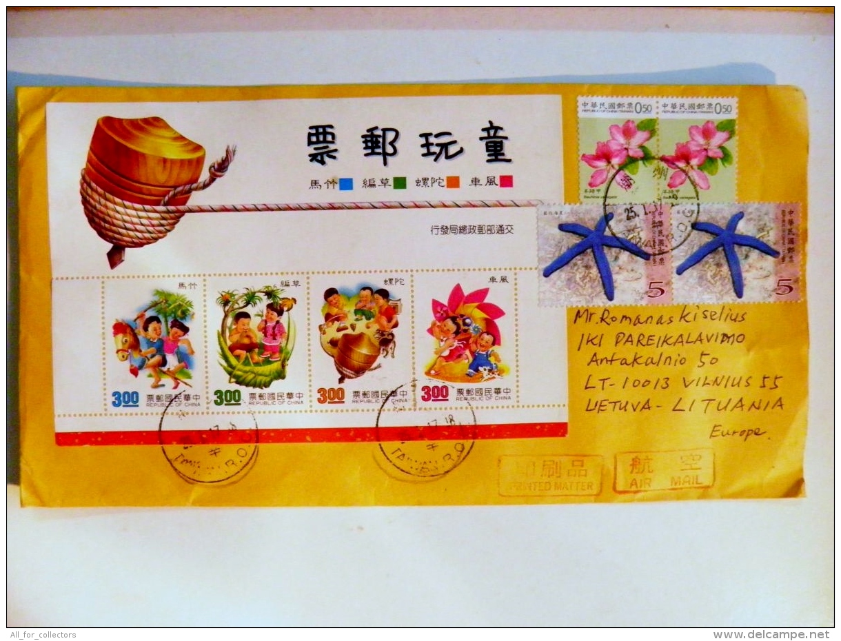 Cover From Taiwan China Sent To Lithuania M/s Children Games Animals Insect Dog Flowers Marine Life - Brieven En Documenten