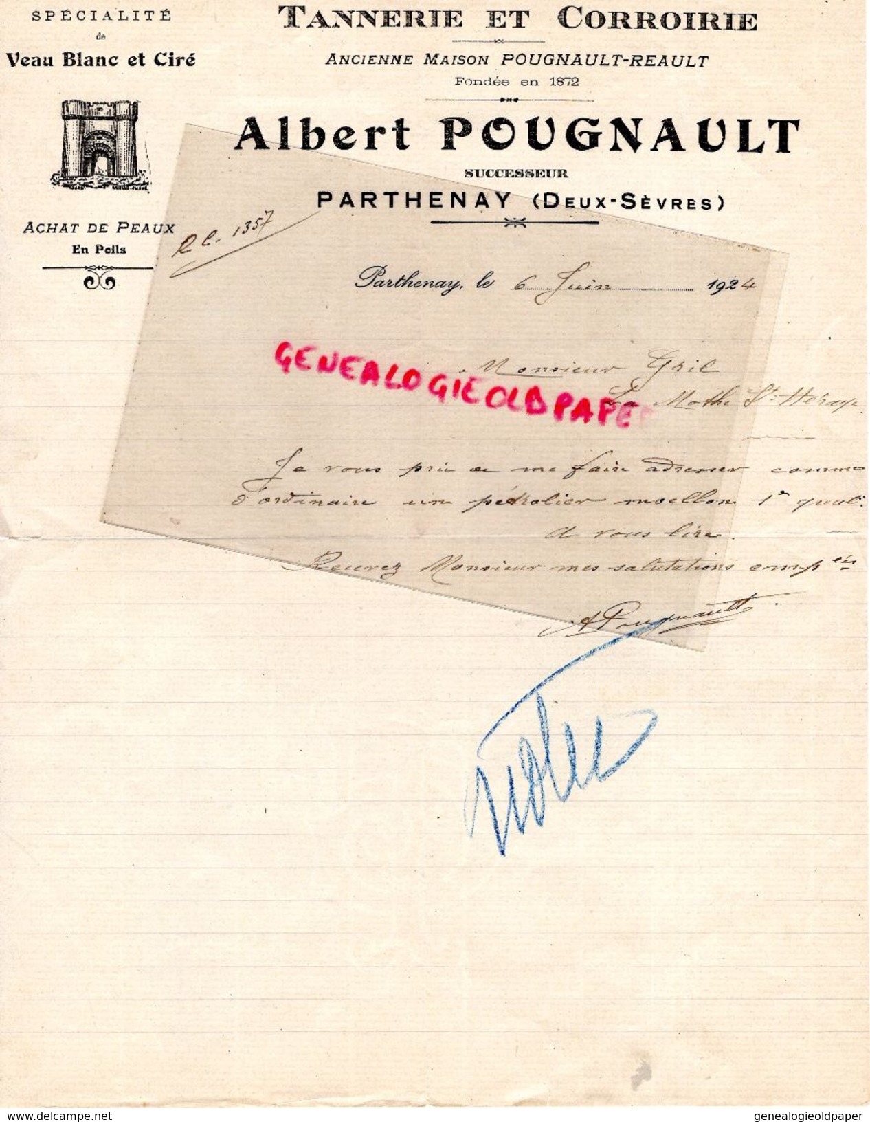 79 - PARTHENAY -RARE LETTRE MANUSCRITE SIGNEE ALBERT POUGNAULT- REAULT- TANNERIE ET CORROIRIE-MEGISSERIE- 1922 GANTERIE - 1900 – 1949