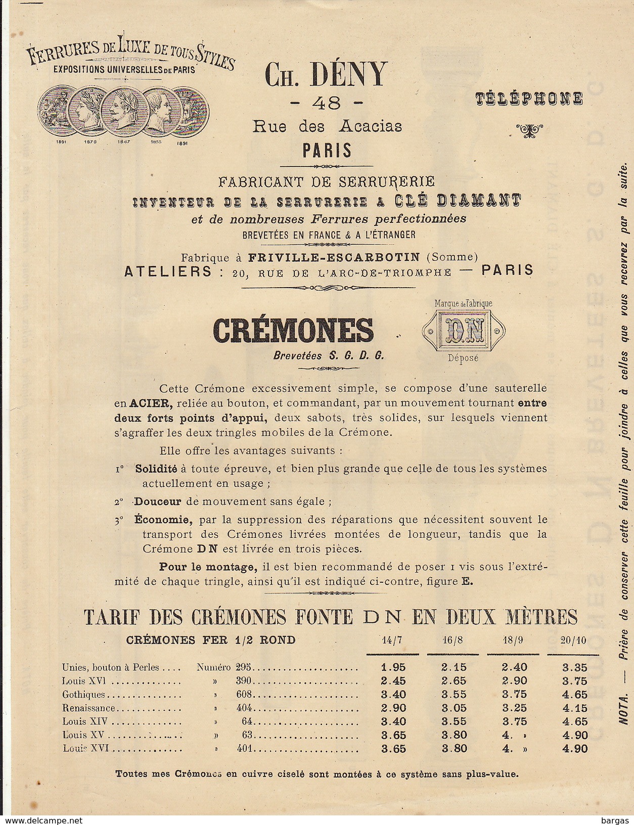 Quincaillerie Serrure Ferrure Ch Deny Paris Cremone - 1900 – 1949