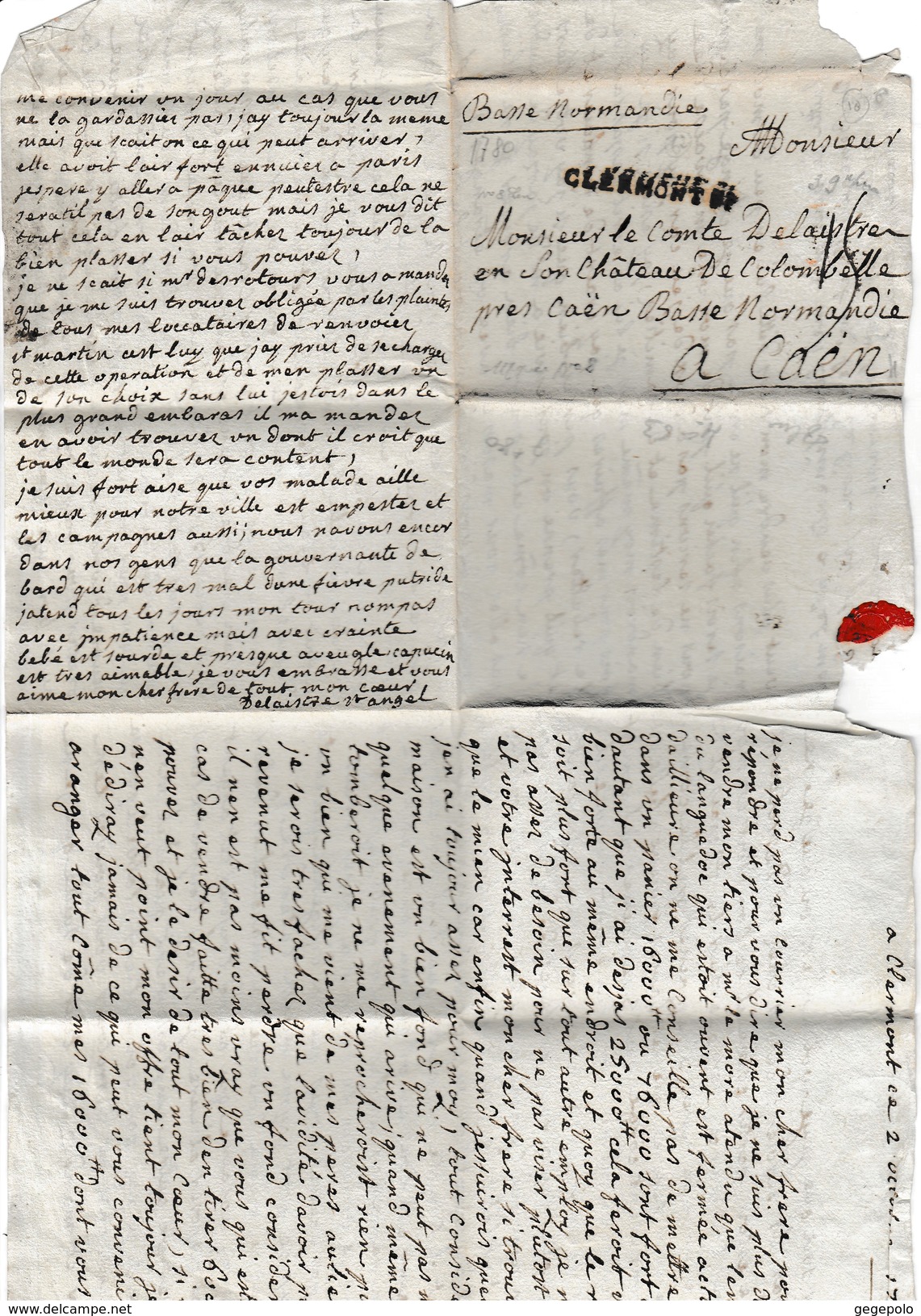 Lettre Envoyée De Clermont En 1780 à Destination Du Comte Delaistrer ? Au Château De Colombelle Près De Caen ( 14 ) Rare - 1701-1800: Précurseurs XVIII