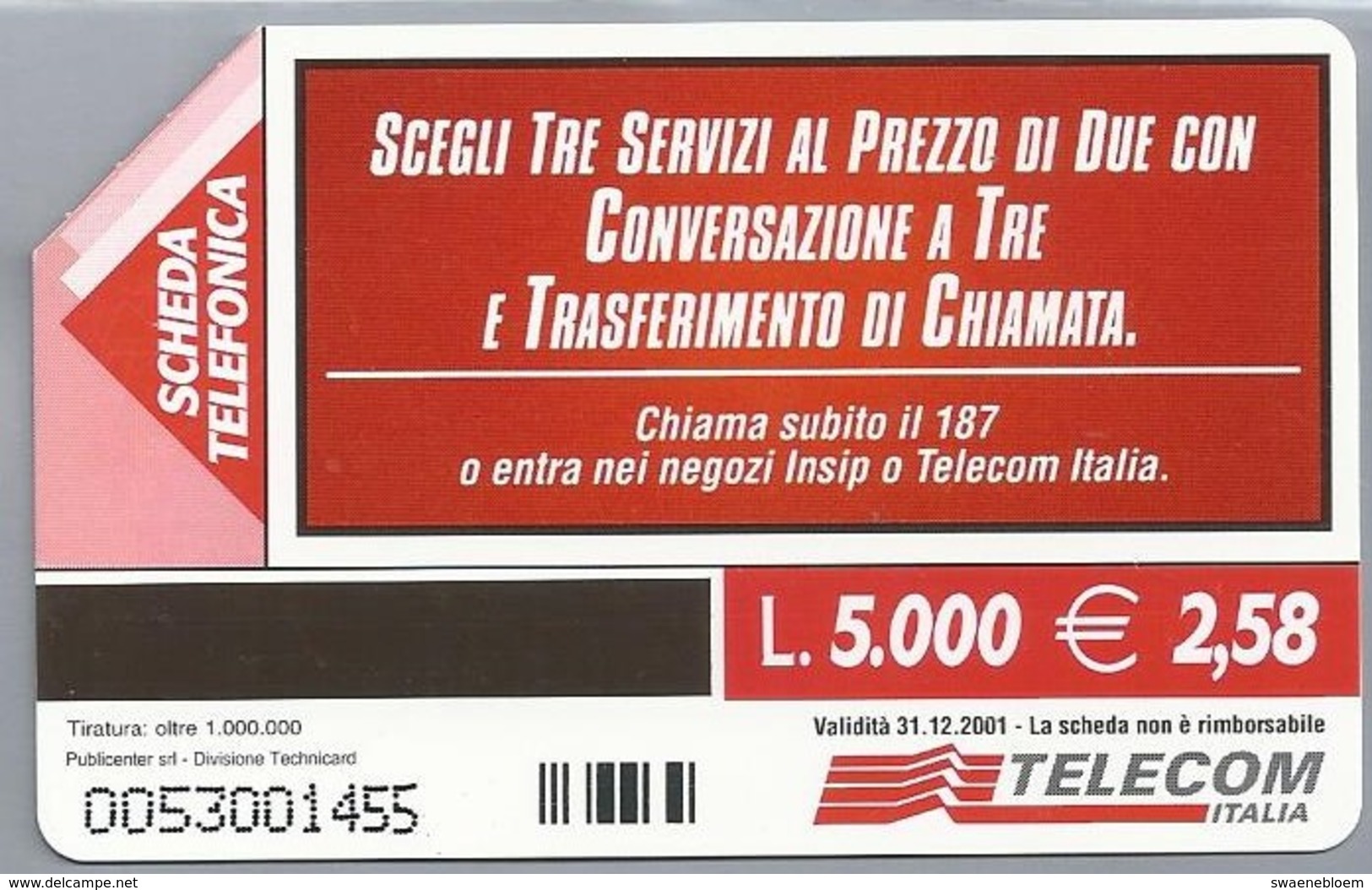 IT.- SCHEDA TELEFONICA. TELECOM ITALIA LIRE 5.000. € 2.58. AVISSO DI CHIAMATA.  2 Scans - Openbare Reclame