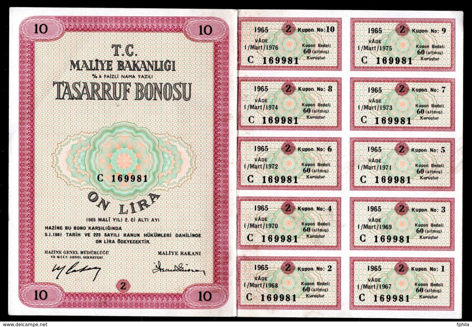 1965 TURKEY 10 LIRA TREASURY BOND - Turchia