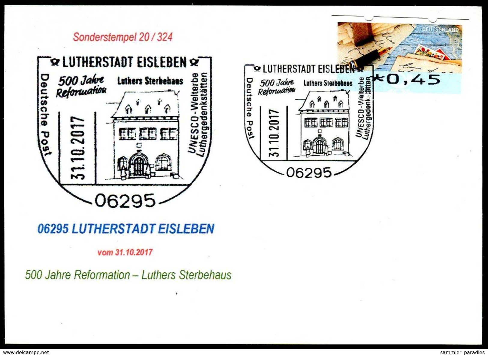 83420) BRD - Karte - SoST 06295 LUTHERSTADT EISLEBEN Vom 31.10.2017 - 500 Jahre Reformation, Luthers Sterbehaus - Maschinenstempel (EMA)