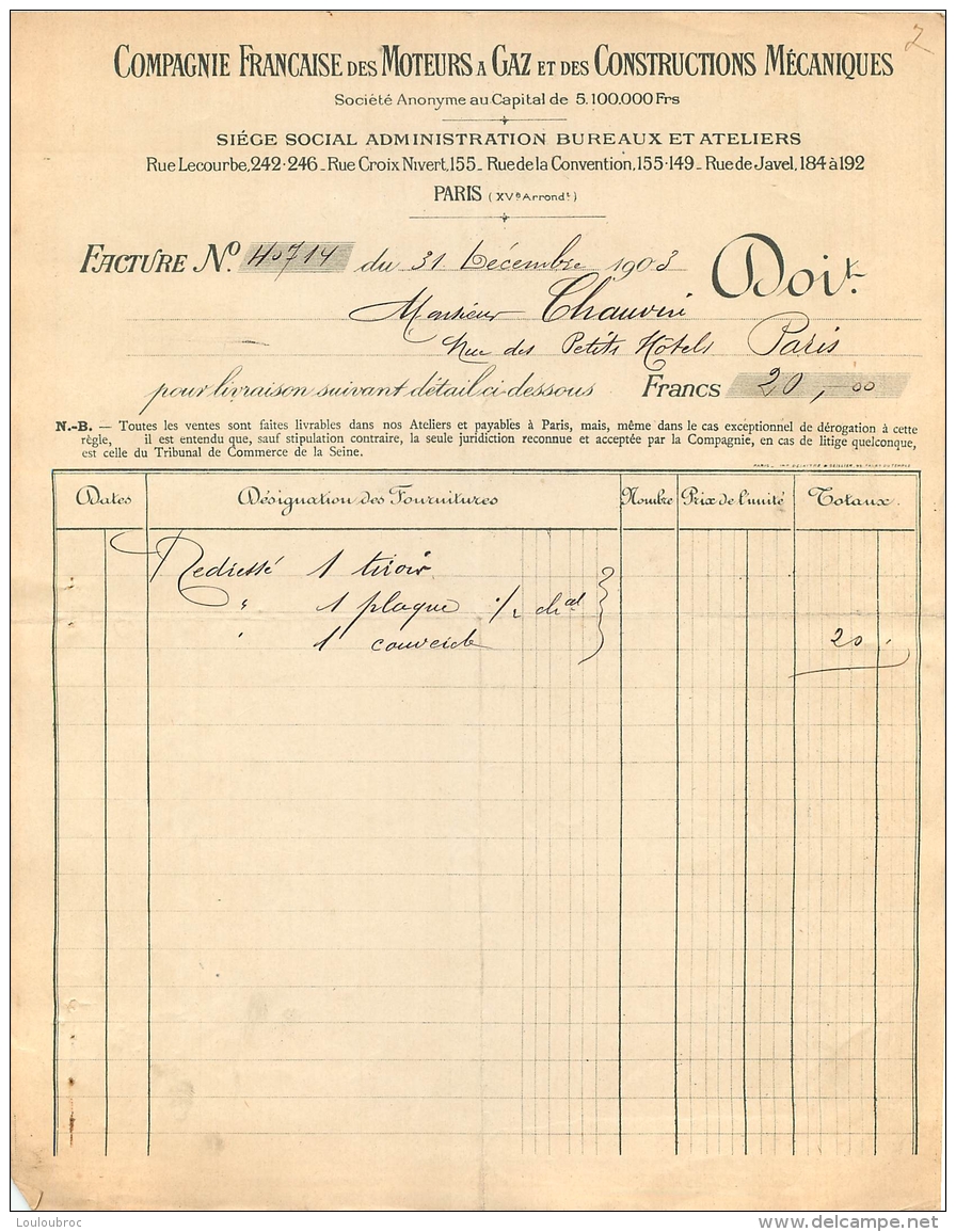 FACTURE 1903 COMPAGNIE FRANCAISE DES MOTEURS A GAZ ET DES CONSTRUCTIONS MECANIQUES  PARIS XV - 1900 – 1949