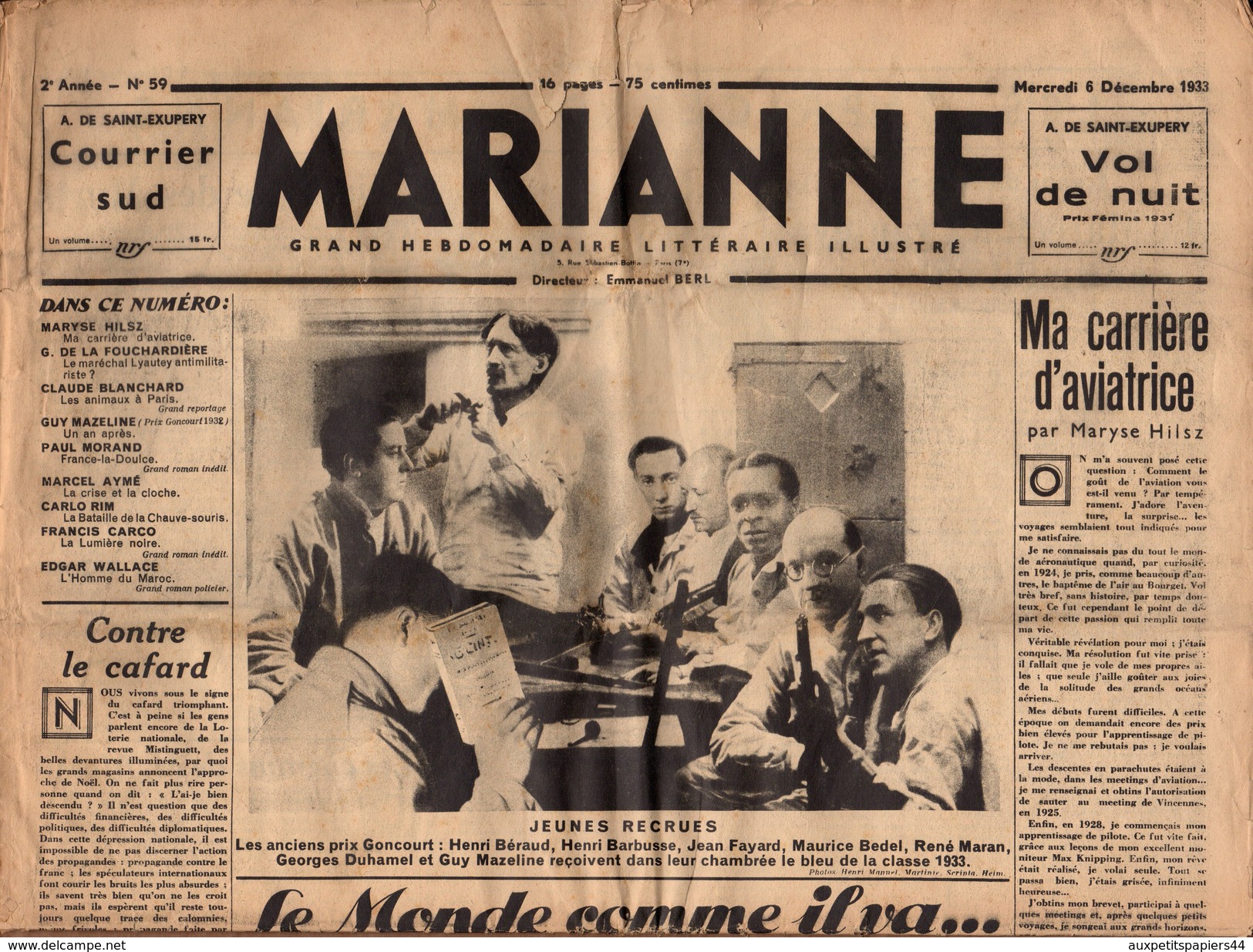 Journal MARIANNE Du Mercredi 16.12.1933 - 2ème Année N°59 - Caricatures, Pub & Propagande Nazi Pour Hitler ! 16 Pages - Other & Unclassified