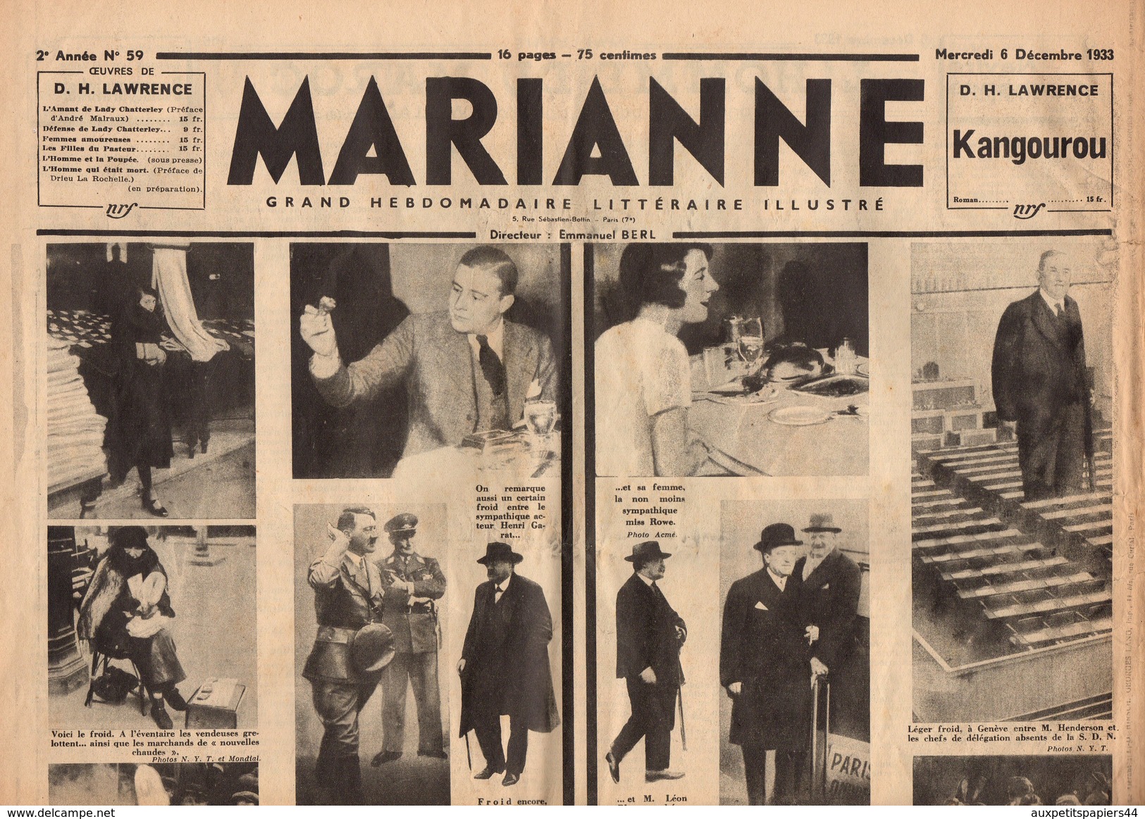 Journal MARIANNE Du Mercredi 16.12.1933 - 2ème Année N°59 - Caricatures, Pub & Propagande Nazi Pour Hitler ! 16 Pages - Other & Unclassified