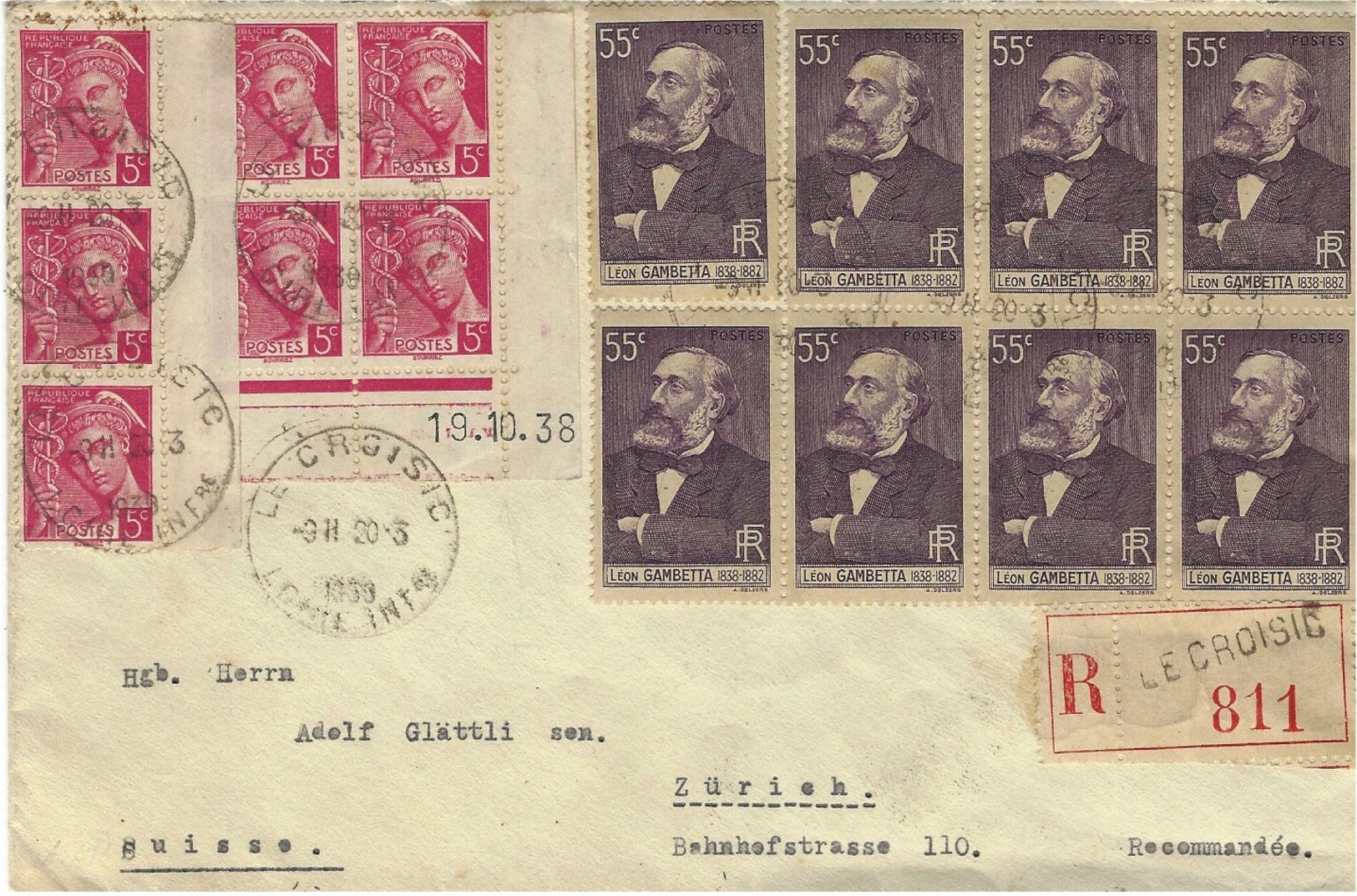 1939- Enveloppe RECC.  Du Croisic ( Loire Mar. ) SUPERBE Affr.  Dont Blos De Huit Gambetta Pour Zürich - 1921-1960: Modern Period