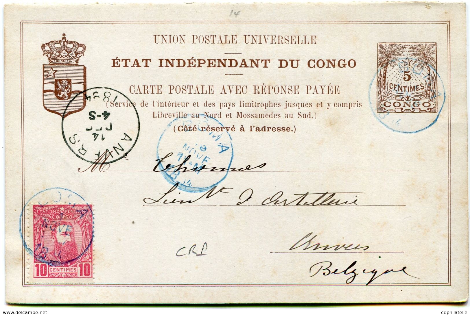 CONGO BELGE ENTIER POSTAL AVEC REPONSE + COMPLEMENT D'AFFRANCHISSEMENT DEPART BOMA 1 NOVE 1894 POUR LA BELGIQUE - 1884-1894