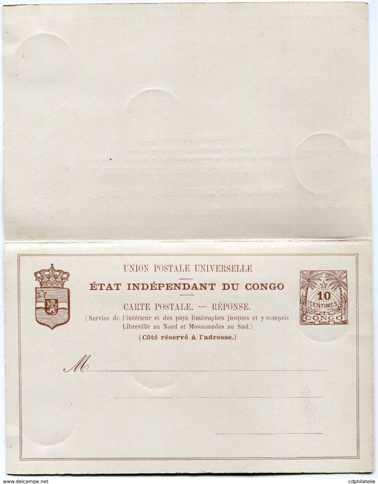 CONGO BELGE ENTIER POSTAL AVEC REPONSE + COMPLEMENT D'AFFRANCHISSEMENT DEPART BOMA 1 NOVE 1894 POUR LA BELGIQUE - 1884-1894