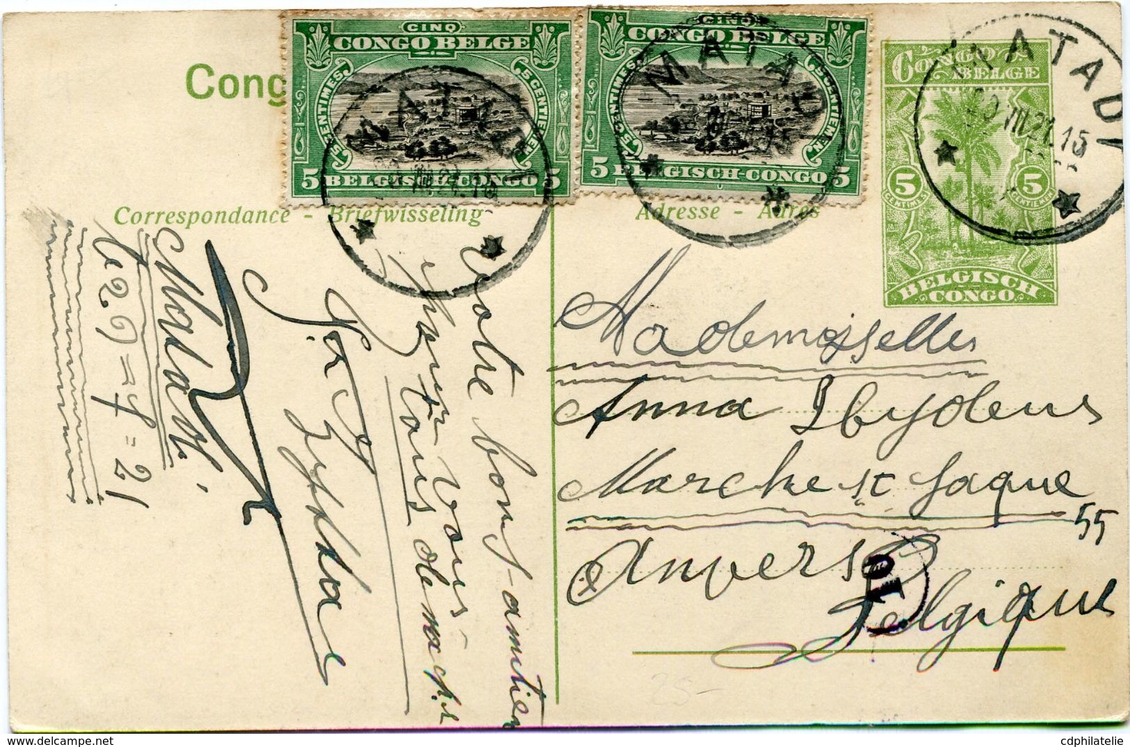 CONGO BELGE  ENTIER POSTAL  AVEC COMPLEMENT D'AFFRANCHISSEMENT DEPART MATADI 29 VII 21  POUR LA BELGIQUE - Storia Postale