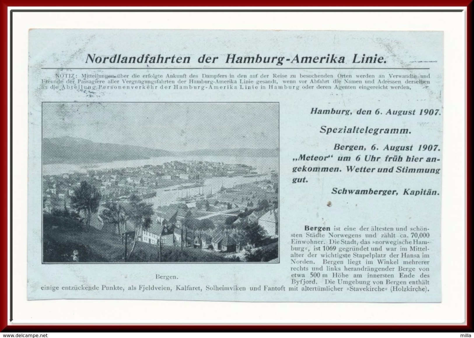 ★★ METEOR I BERGEN. TELEGRAM 1907 ★★ Nordlandfahrt Hamburg-Amerika-Linie , BERGEN , Telegramm Drucksache  NORWAY ★★ - Norvège