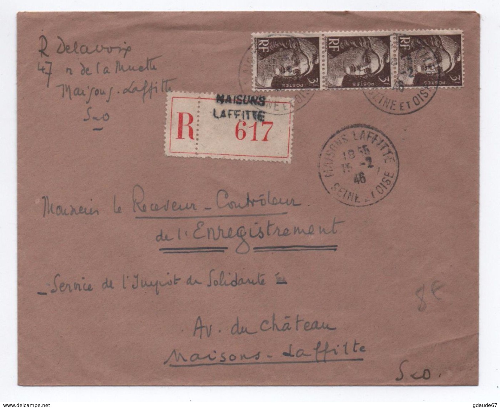 1946 - ENVELOPPE RECOMMANDEE Avec BANDE X3 GANDON De MAISONS LAFFITTE - 1921-1960: Période Moderne