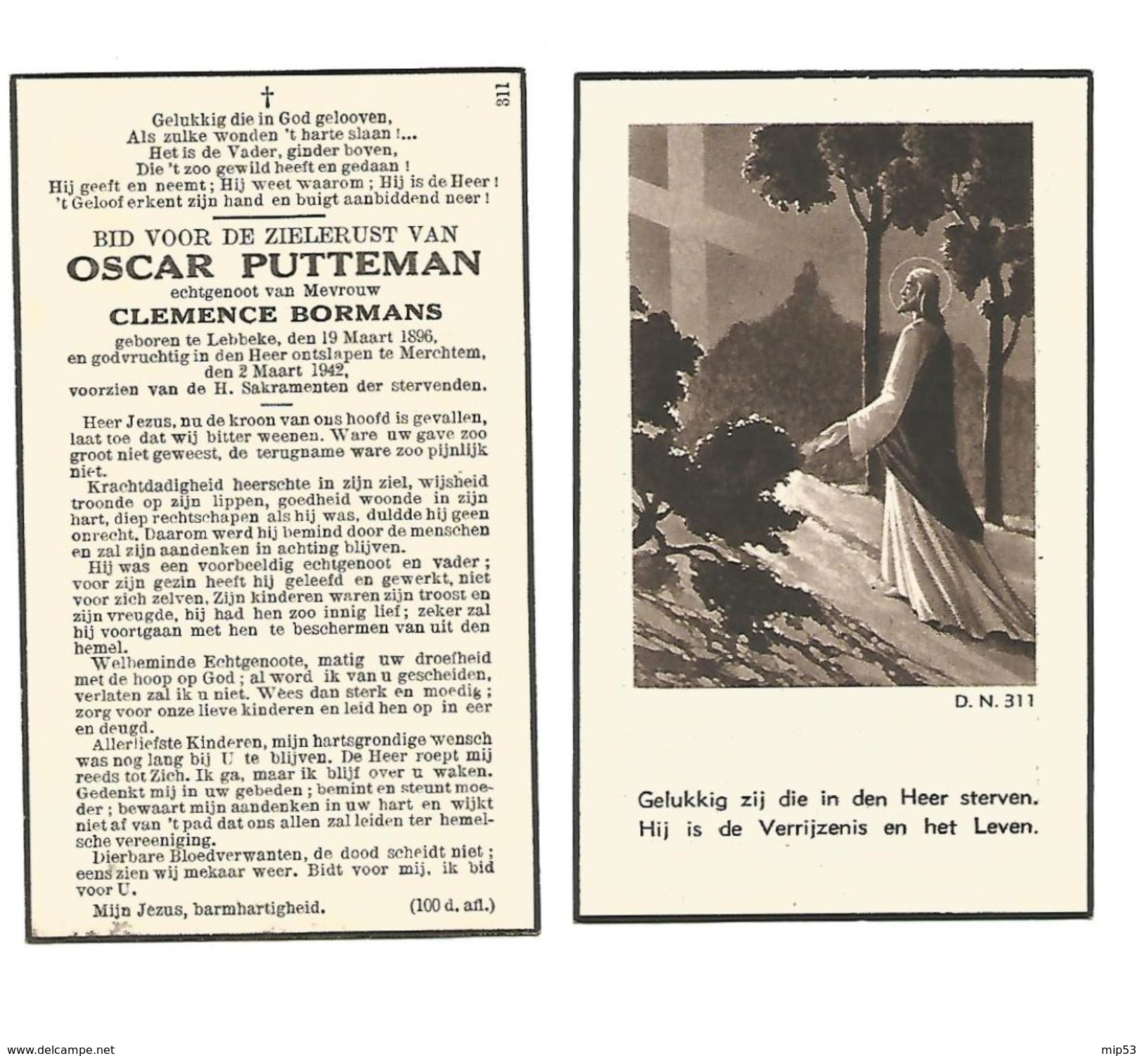 735. OSCAR PUTTEMAN  Echtg. C. Bormans - °LEBBEKE 1896  /  +MERCHTEM 1942 - Devotion Images