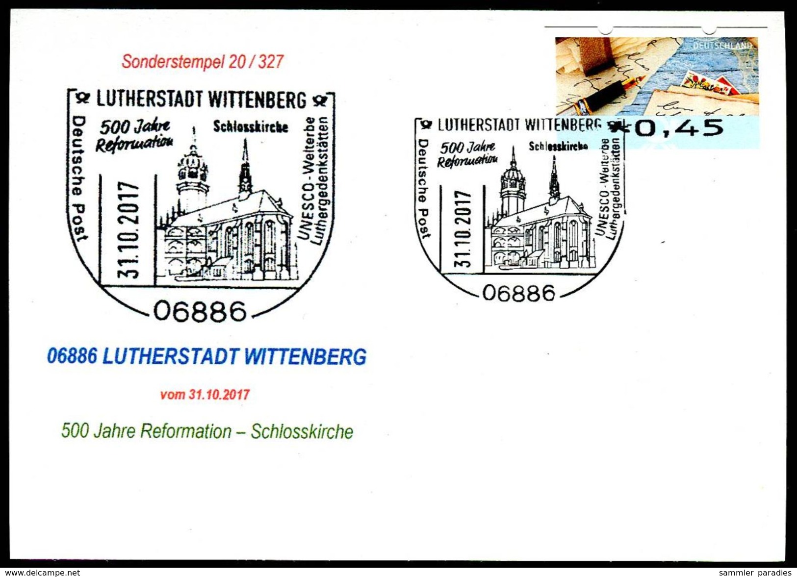 83443) BRD - Karte - SoST 06886 LUTHERSTADT WITTENBERG Vom 31.10.2017 - 500 Jahre Reformation, Schlosskirche - Maschinenstempel (EMA)