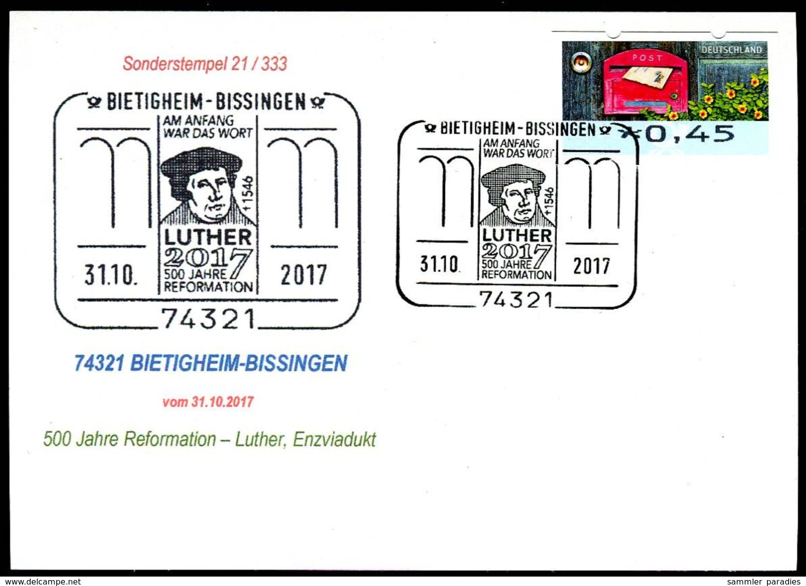 83469) BRD - Karte - SoST 74321 BIETIGHEIM-BISSINGEN Vom 31.10.2017 - 500 Jahre Reformation, Luther - Maschinenstempel (EMA)