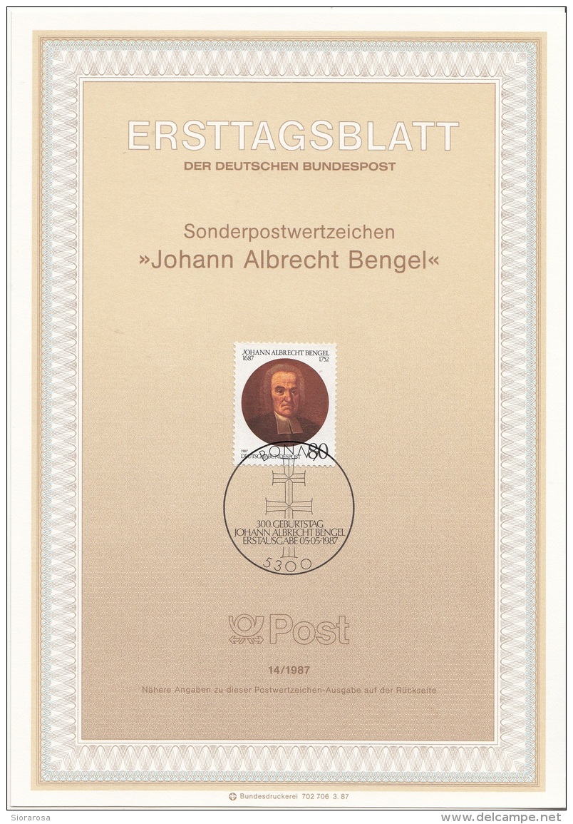 Germania 1987 Sc. 1509 Ersttagsblatt N. 14 "Johann Albrecht Bengel" FDC Sheet  Teologo Pastore Luterano - Teologi