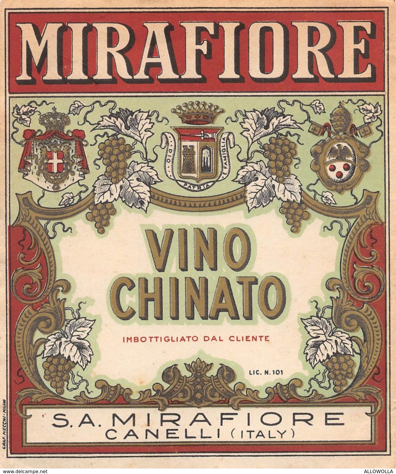 156 " VINO CHINATO - S.A. MIRAFIORE - CANELLI - ITALY" ETICHETTA ORIGINALE " - Altri & Non Classificati