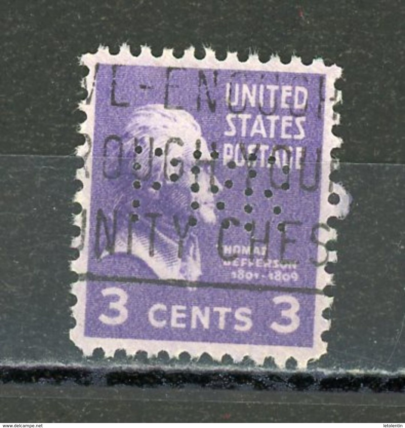 USA - JEFFERSON N° Yt 372 Obli. PERFORÉ PRR - Zähnungen (Perfins)