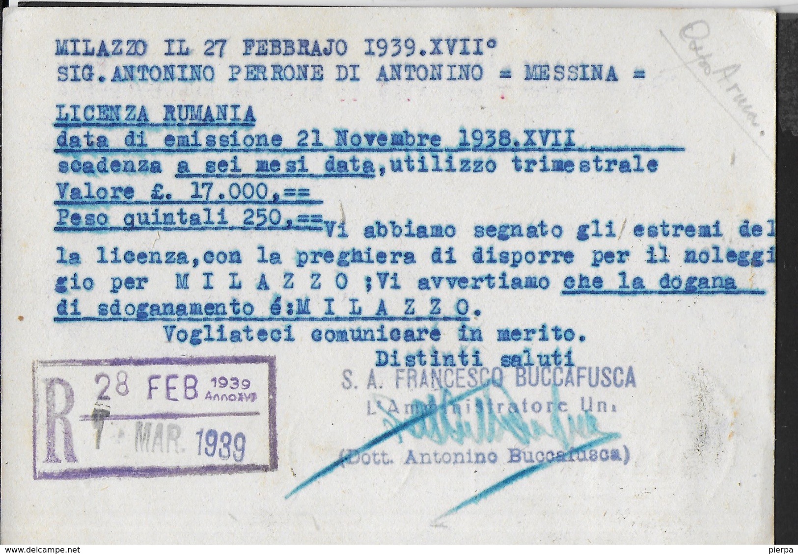 ANNULLO A TARGHETTA "VISITATE L'ITALIA " 1939 UFF. MESSINA SU CARTOLINA POSTALE INTESTATA 28.02.1939 DA MILAZZO - Storia Postale