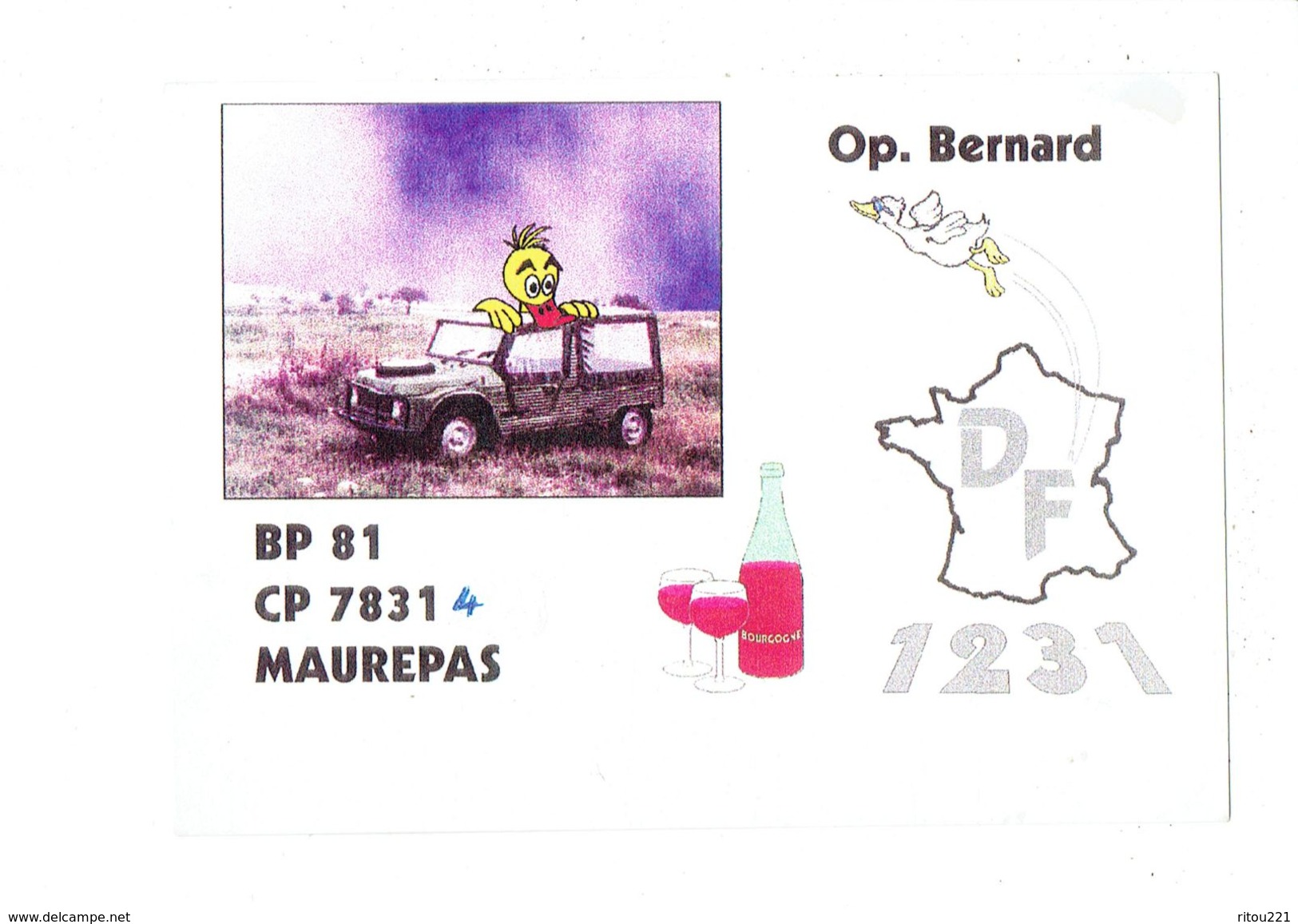 Carte QSL Radio DF 1231 - 78 MAUREPAS - Voiture Jeep Méhari Oiseau Bouteille Vin Bourgogne Verre - Autres & Non Classés