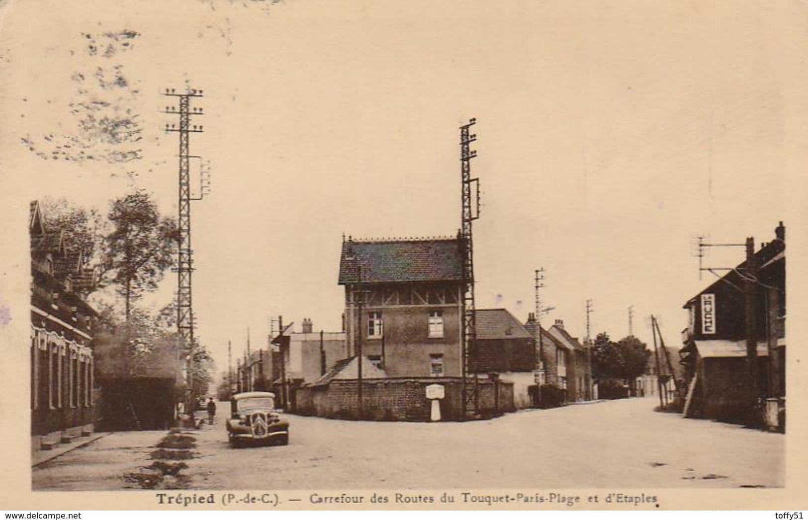 CPA GLACÉE:TRÉPIED (62) ANCIENNE VOITURE CARREFOUR DES ROUTES DU TOUQUET PARIS PLAGE ET D'ÉTAPLES..ÉCRITE - Other & Unclassified