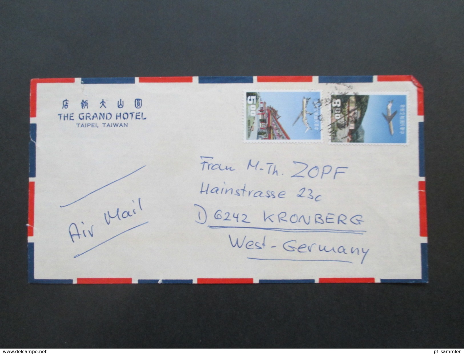 China / Taiwan 1968?! Hotelumschlag. The Grand Hotel Taipei, Taiwan. Air Mail / Luftpost Nach Kronenberg - Lettres & Documents