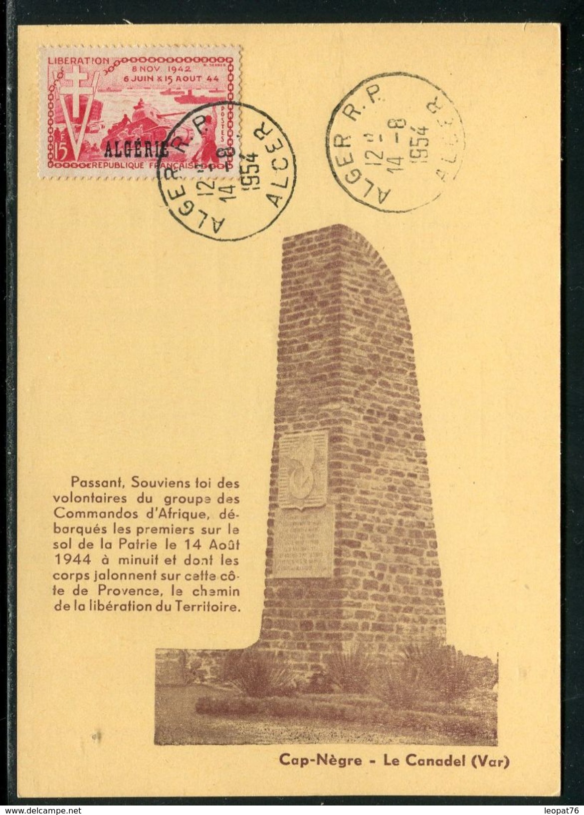 Algérie - Carte Maximum 1954 , Débarquement De Provence - Ref D157 - Cartoline Maximum