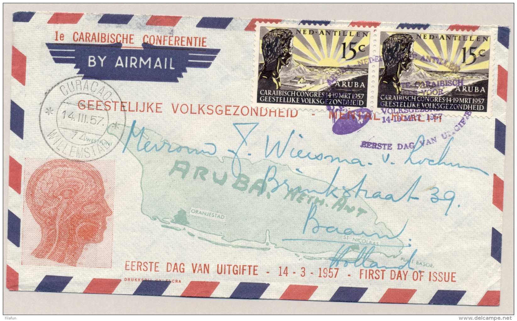 Curacao - 1957 - 2x Congres Geestelijke Volksgezondheid Op FDC Van Willemstad Naar Baarn - Curaçao, Nederlandse Antillen, Aruba