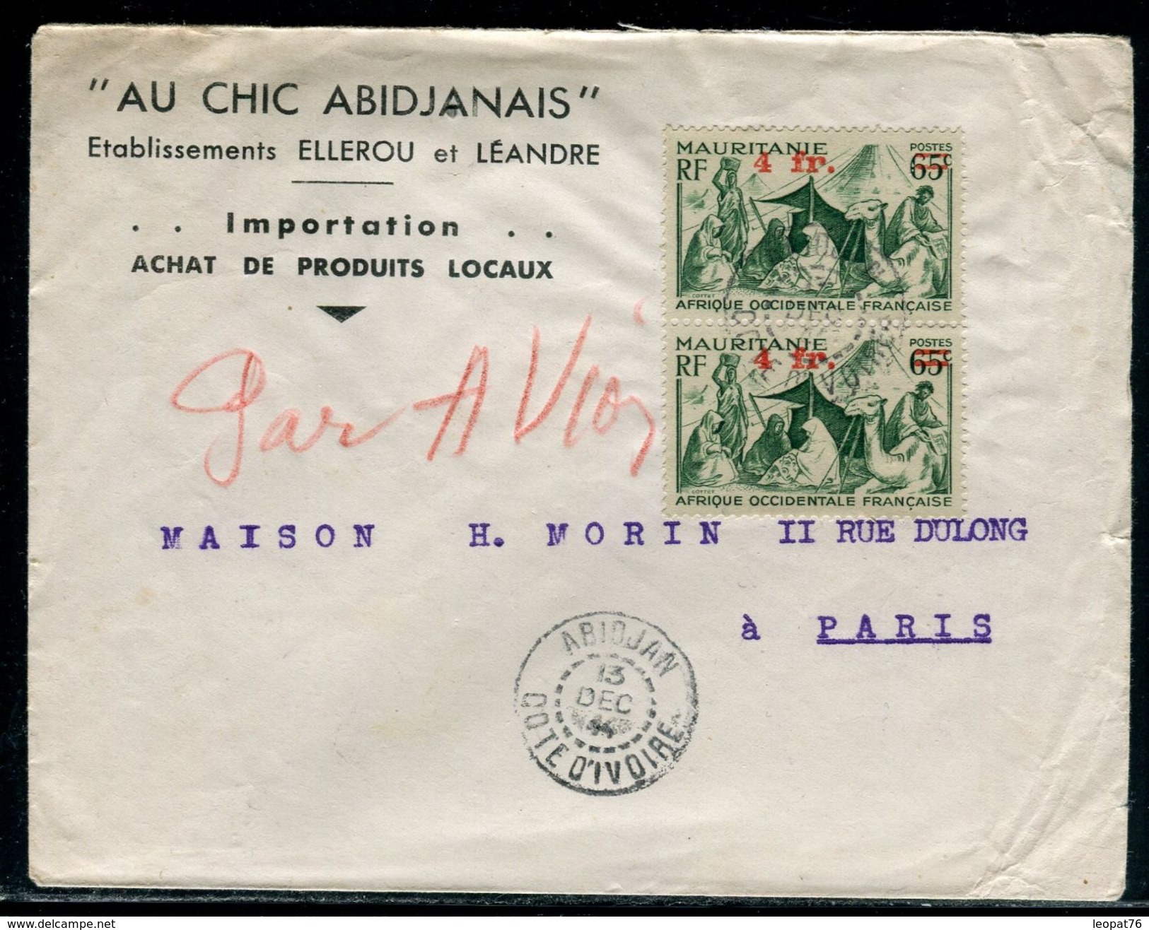 Côte D' Ivoire - Enveloppe Commerciale De Abidjan Pour Paris En 1944 , Affranchissement Timbres De Mauritanie - Ref D166 - Covers & Documents