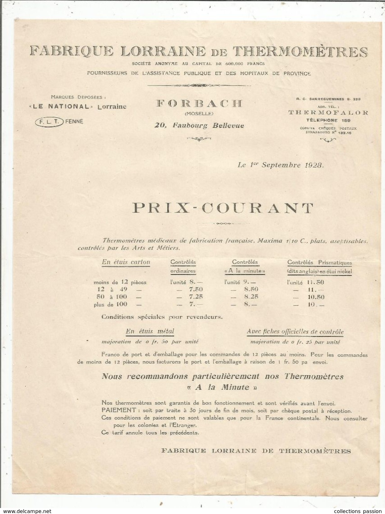 Publicité , Fabrique Lorraine De Thermomètres , FORBACH , Moselle , Tarif , 1928 , Frais Fr : 1.45 E - Advertising