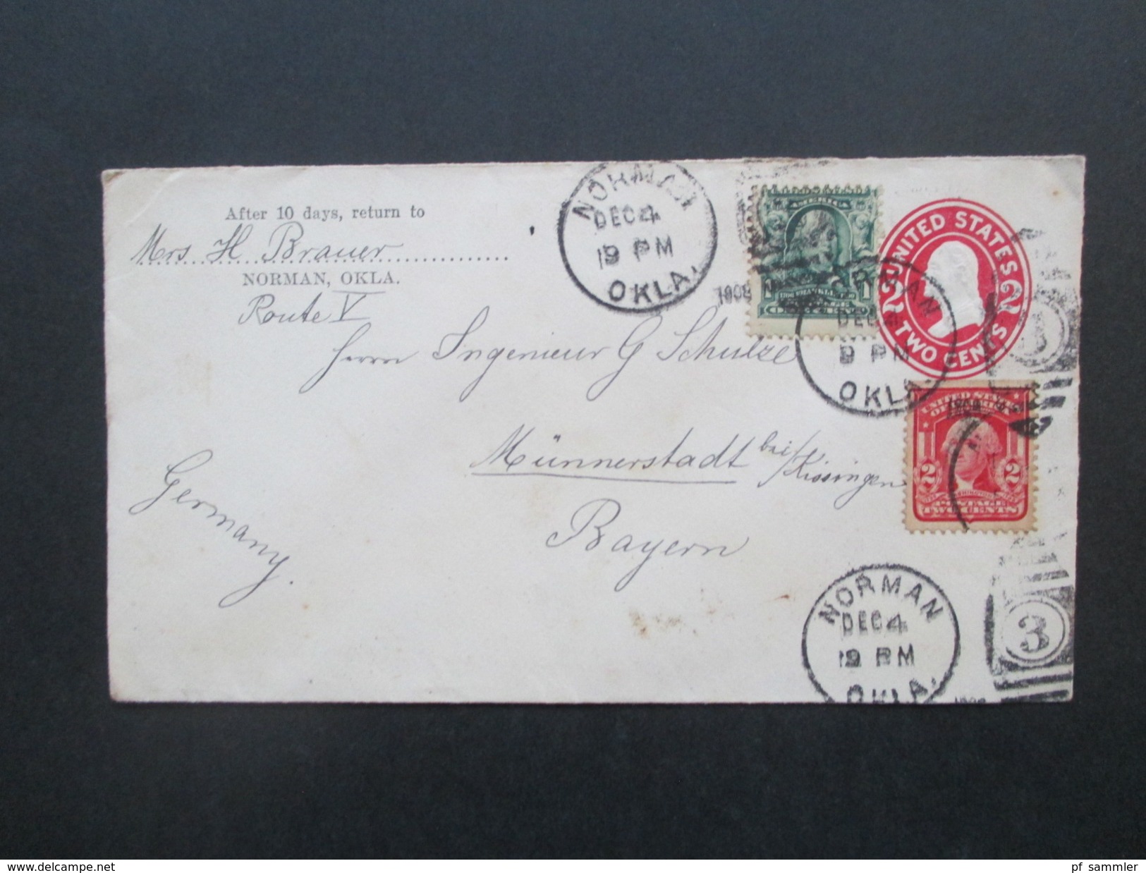 USA 1908 Ganzsachenumschlag Mit Zusatzfrankur Franklin / Washington Normal Okla - Münnerstadt. Route V. 4 Stempel - Storia Postale