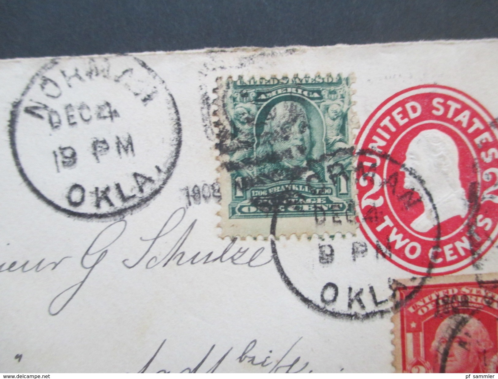 USA 1908 Ganzsachenumschlag Mit Zusatzfrankur Franklin / Washington Normal Okla - Münnerstadt. Route V. 4 Stempel - Lettres & Documents