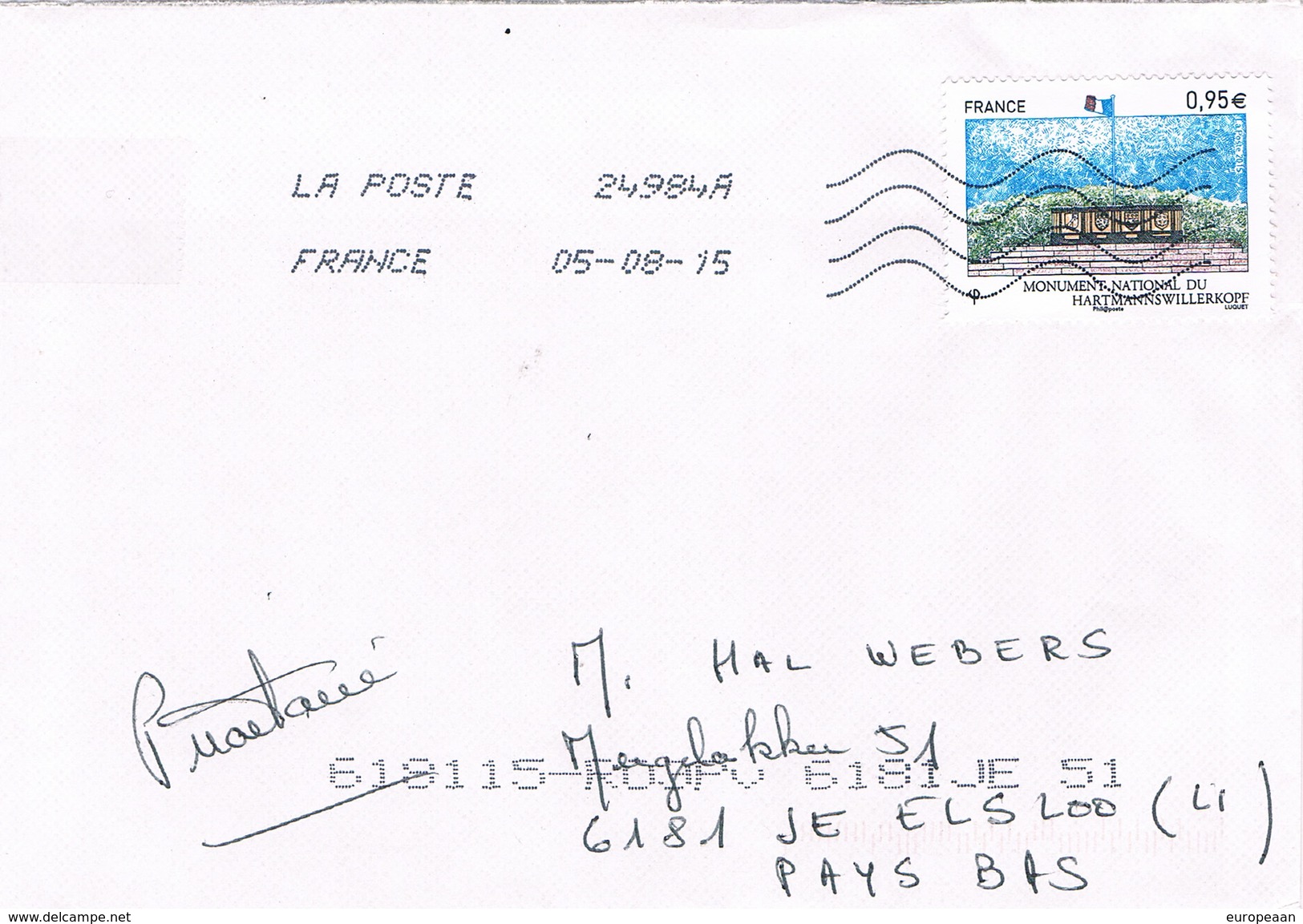 France Monument National Du Hartmannswillerkope 2015 Letter, Cover, Lettre - Covers & Documents