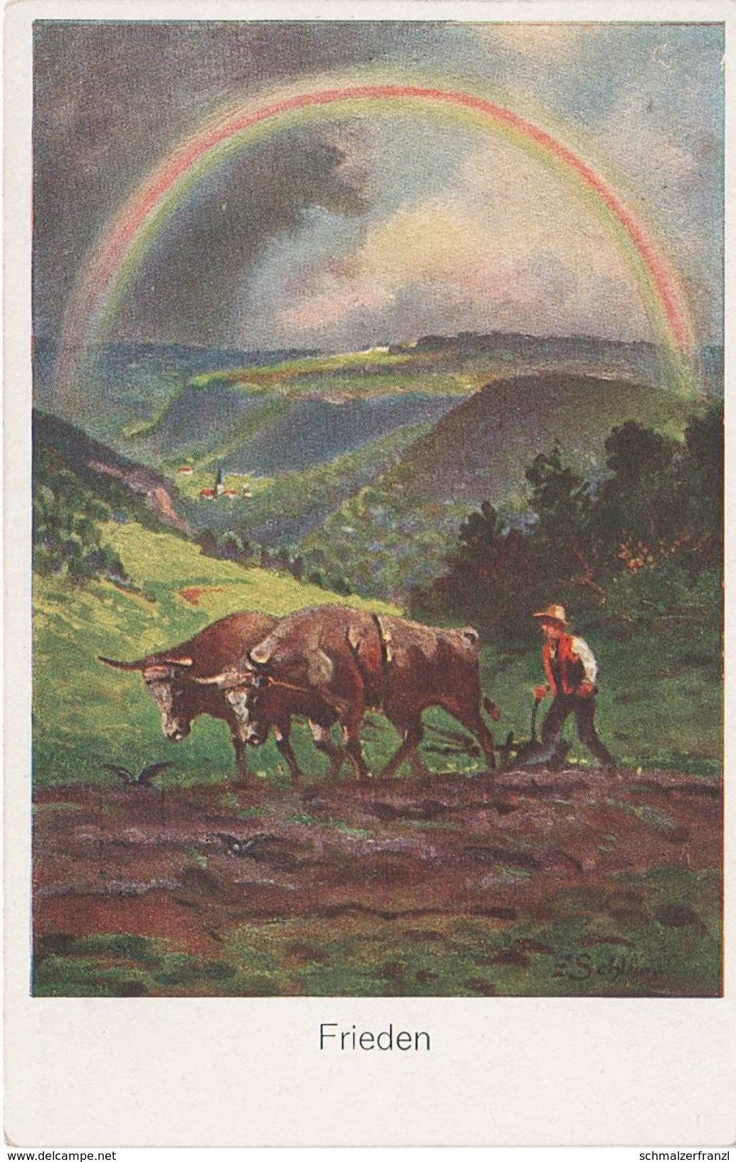 AK Unbekannt Frieden Landwirtschaft Ochsengespann Regenbogen Bayern Österreich Schwaben Schweiz ? Signiert No 1517 - Sonstige & Ohne Zuordnung