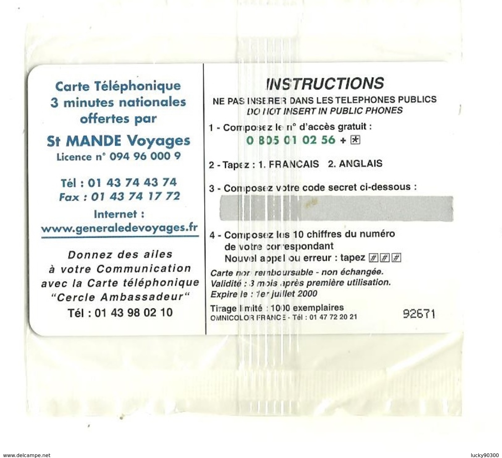 RARE CARTE TÉLÉPHONIQUE - TÉLÉCARTE - NEUVE SOUS BLISTER - 3 MINUTES - 1 000 EXEMPLAIRES - ST MANDE VOYAGES - Phonecards: Private Use