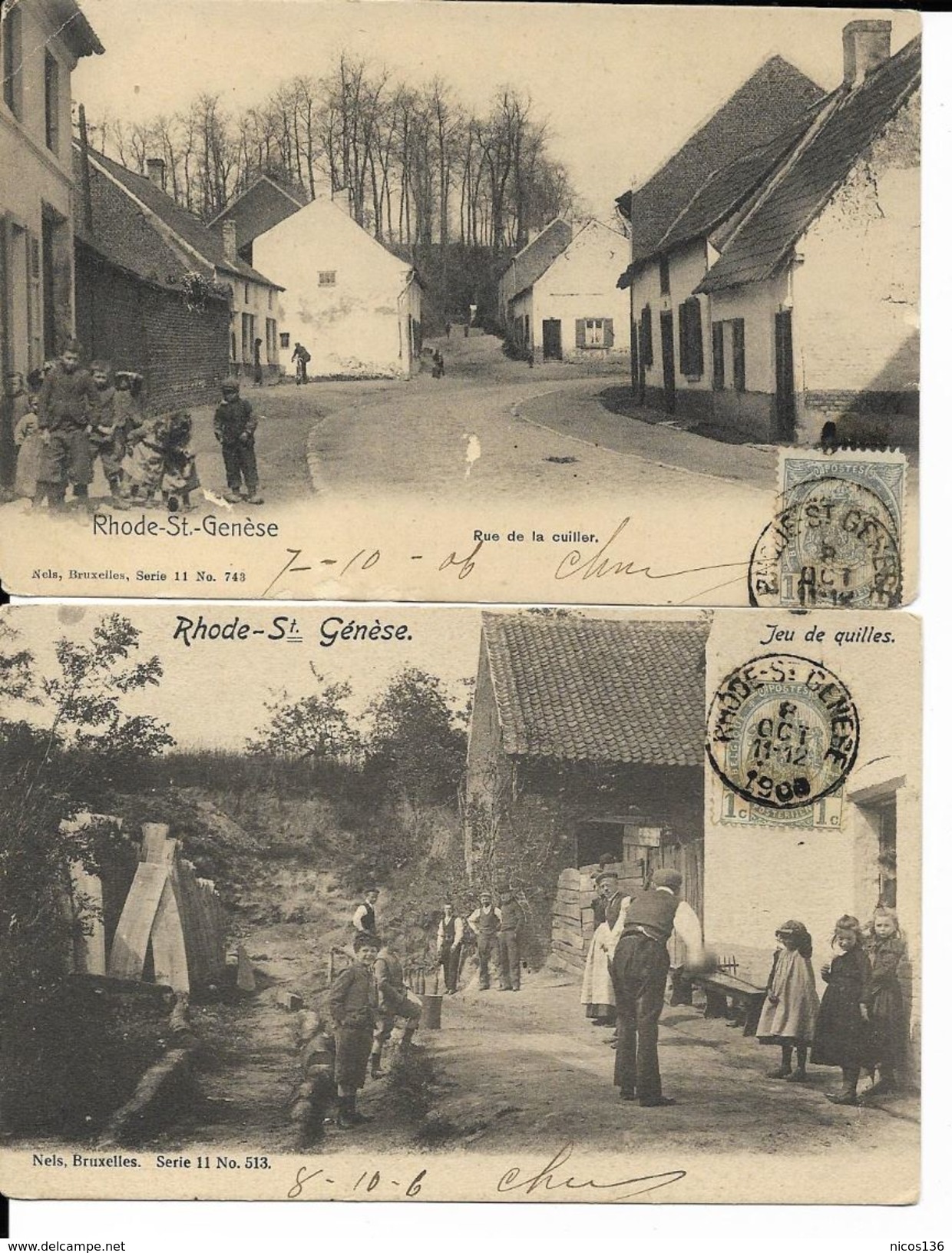 RHODE - ST.-GENESE   2 CARTES  RUE DE LA CUILLER  ET   JEU DE QUILLES     ( ECRITE  1906 ) - Rhode-St-Genèse - St-Genesius-Rode