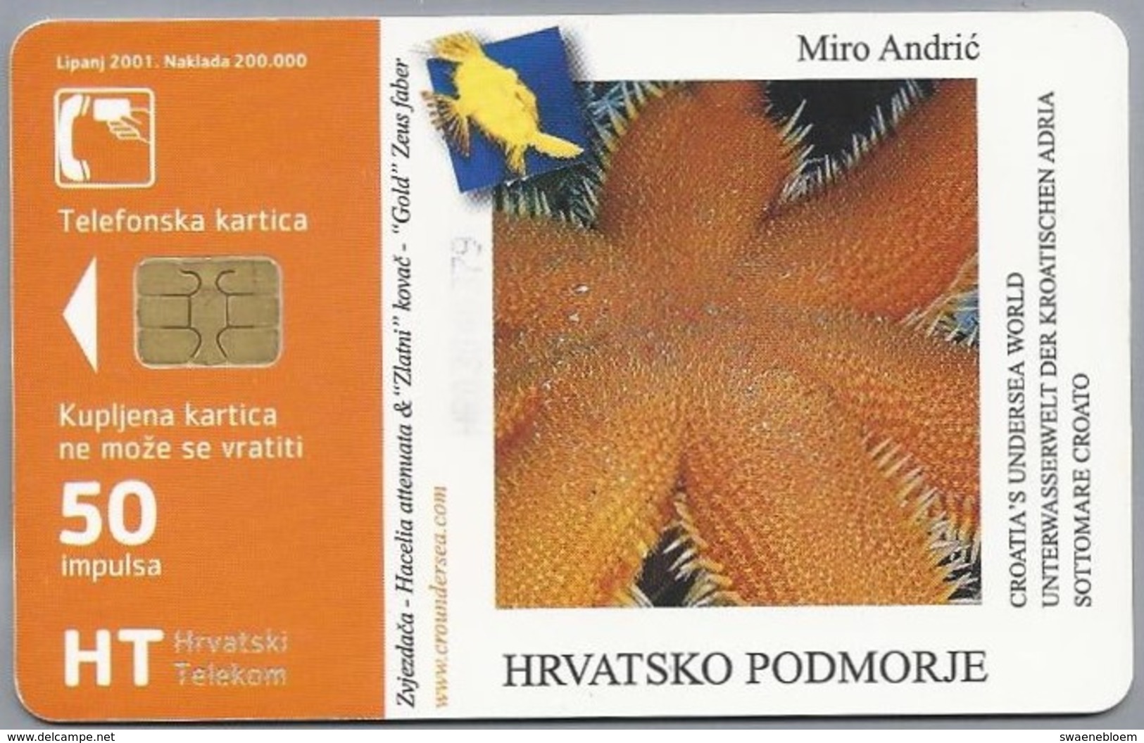 HR.- Hrvatski Telecom HT. CROATIA. Telefonska Kartica. HRVATSKO PODMORJE. Astropecten Aranciacus. Rode Kamster. 2 Scans - Kroatië