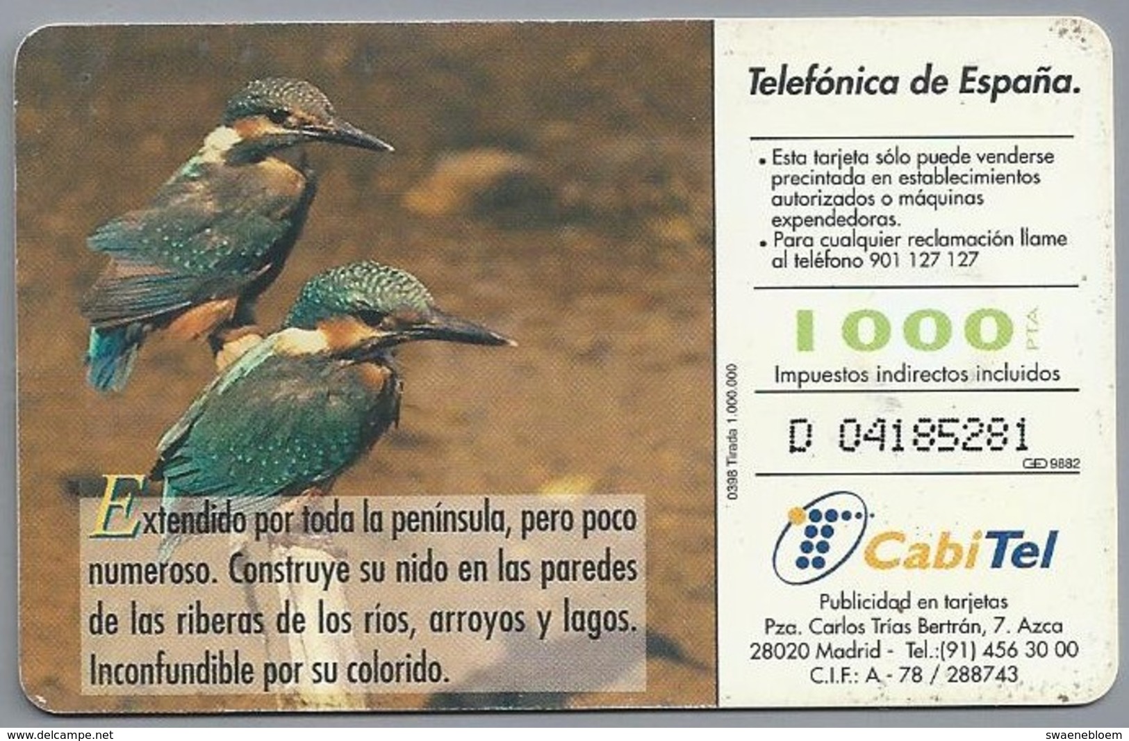 ES.- Telefonica De Espana. CabiTel. Martin Pescador. Alcedo Atthis. IJsvogel. Fauna Iberica. 2 Scans - Andere & Zonder Classificatie