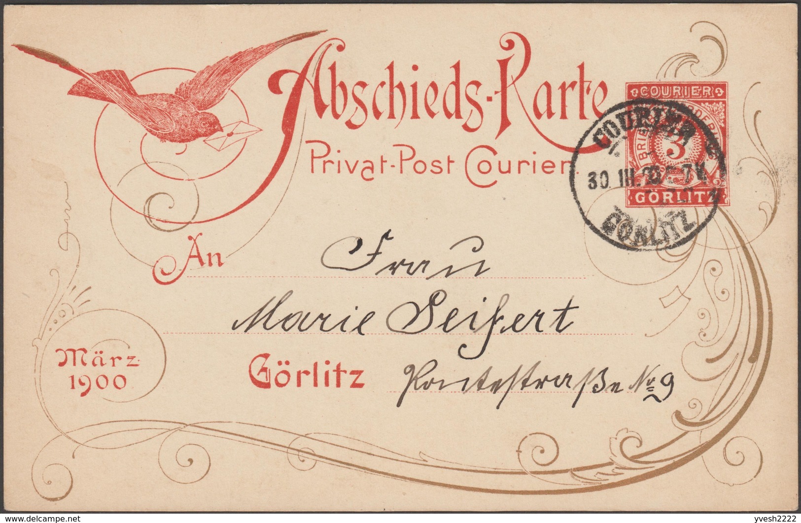 Allemagne 1900. Poste Privée Courier De Görliz. Entier Commémoratif, Clôture Des Activités. Moineau Remplaçant Le Pigeon - Moineaux