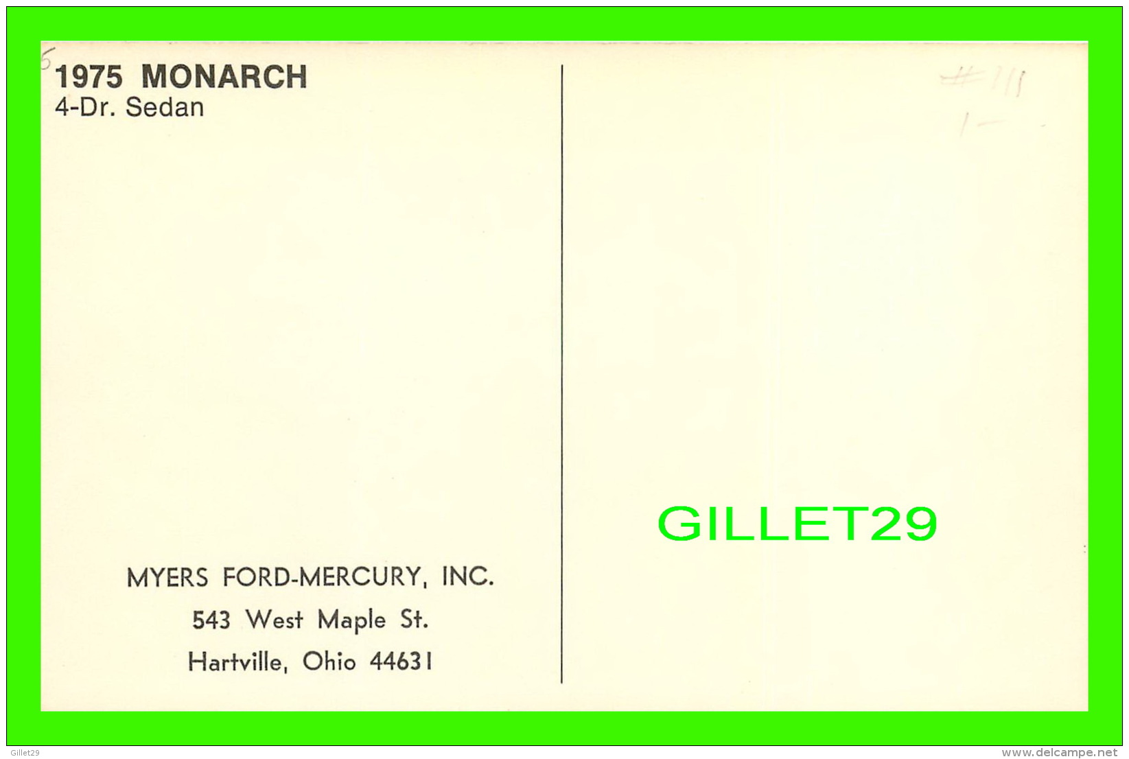 VOITURES DE TOURIME - 1975 MONARCH, 4-DR SEDAN - MYERS FORD-MERCURY, INC HARTVILLE OHIO, USA - - Voitures De Tourisme