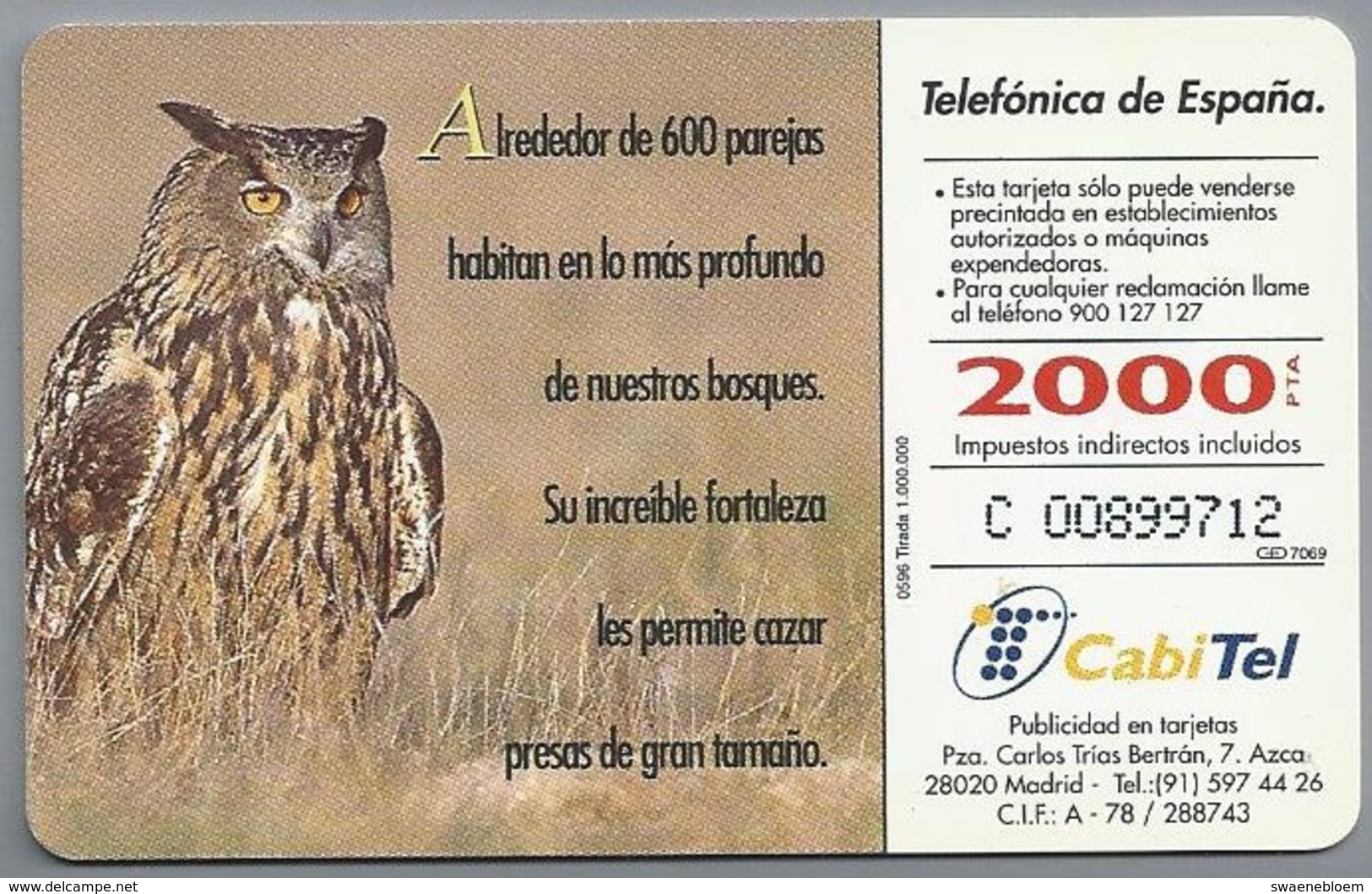 ES.- Telefonica De Espana. CabiTel. Buho Real. Bubo Bubo. Uil. Fauna Iberica. 2 Scans - Búhos, Lechuza